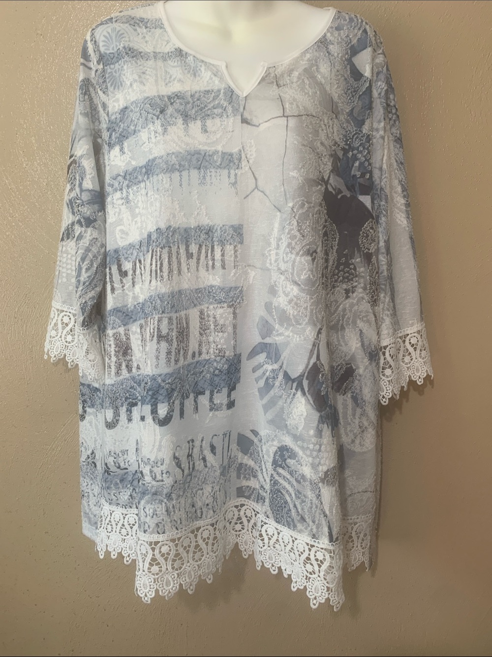 Picadilly size XXL Lace-Trim Light Blue & White Printed Tunic Top